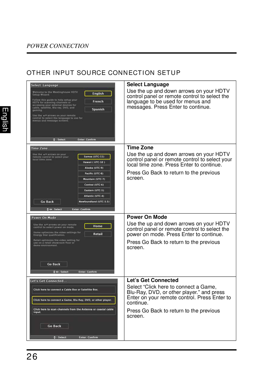 Westinghouse UW40T user manual Other Input Source Connection Setup 