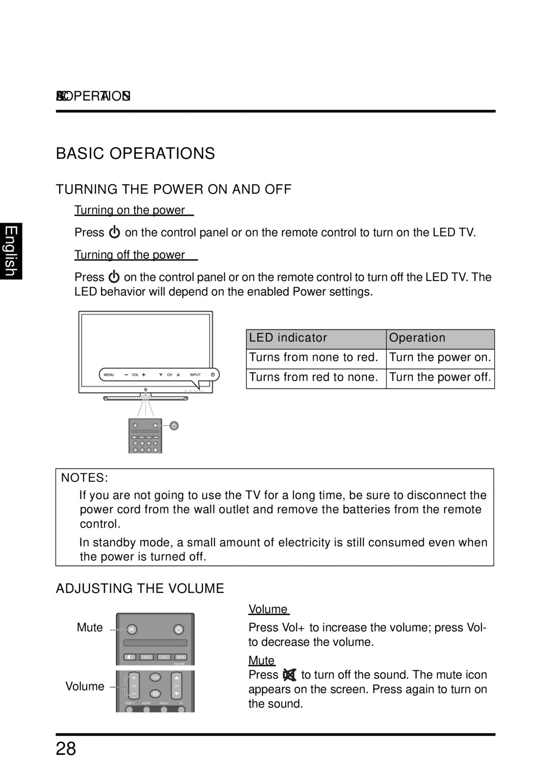 Westinghouse UW40T user manual Basic Operations, Turning the Power on and OFF, Adjusting the Volume 