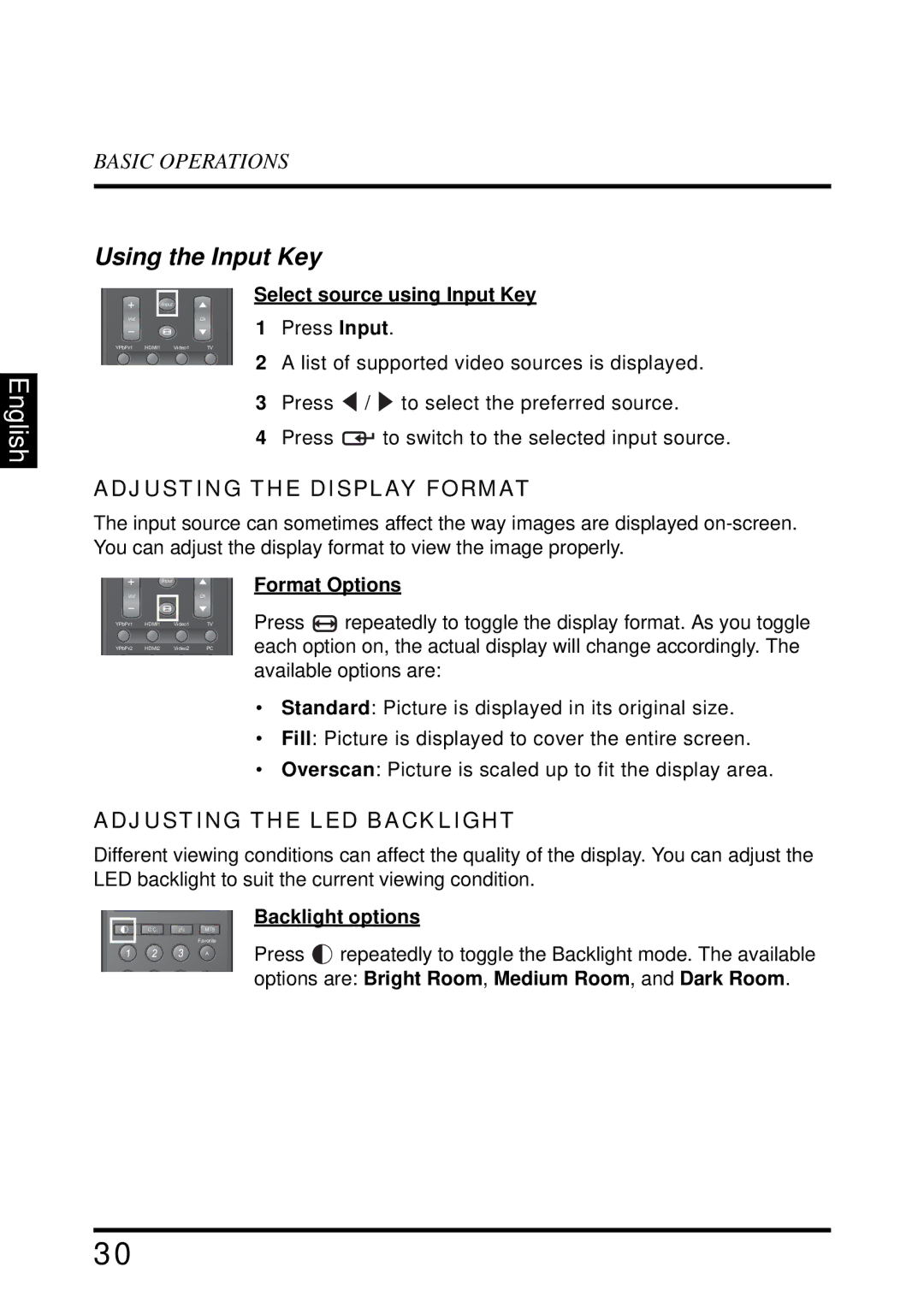 Westinghouse UW40T user manual Adjusting the Display Format, Adjusting the LED Backlight, Format Options, Backlight options 