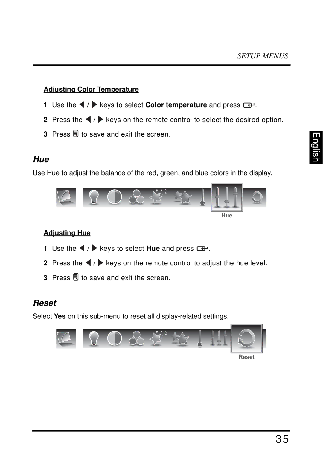 Westinghouse UW40T user manual Reset, Adjusting Color Temperature, Adjusting Hue 