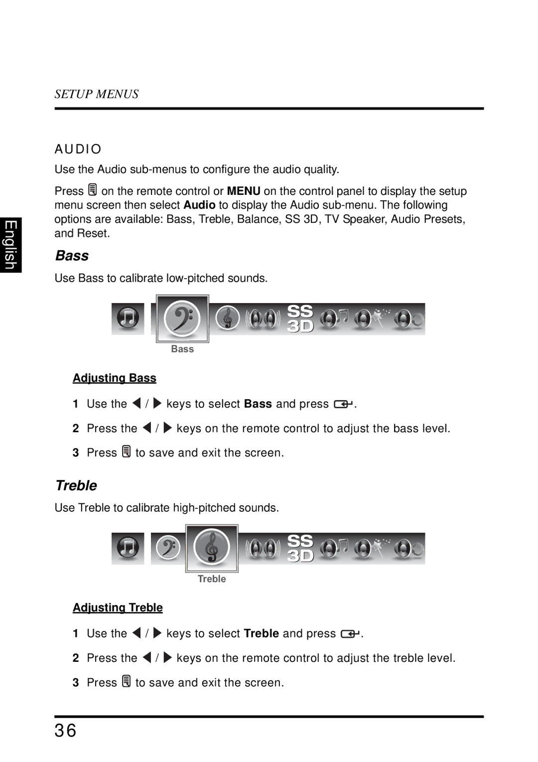 Westinghouse UW40T user manual Audio, Adjusting Bass, Adjusting Treble 