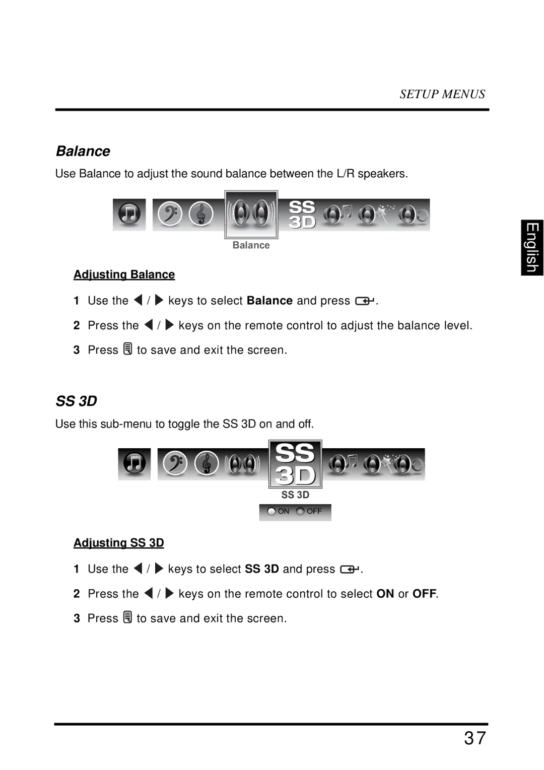 Westinghouse UW40T user manual Adjusting Balance, Adjusting SS 3D 