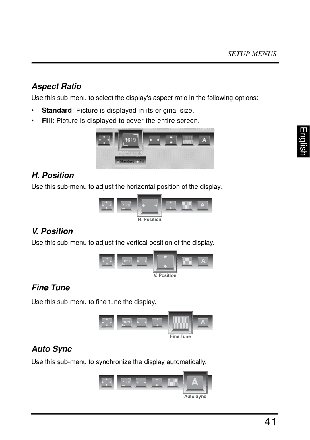 Westinghouse UW40T user manual Aspect Ratio, Position, Fine Tune, Auto Sync 