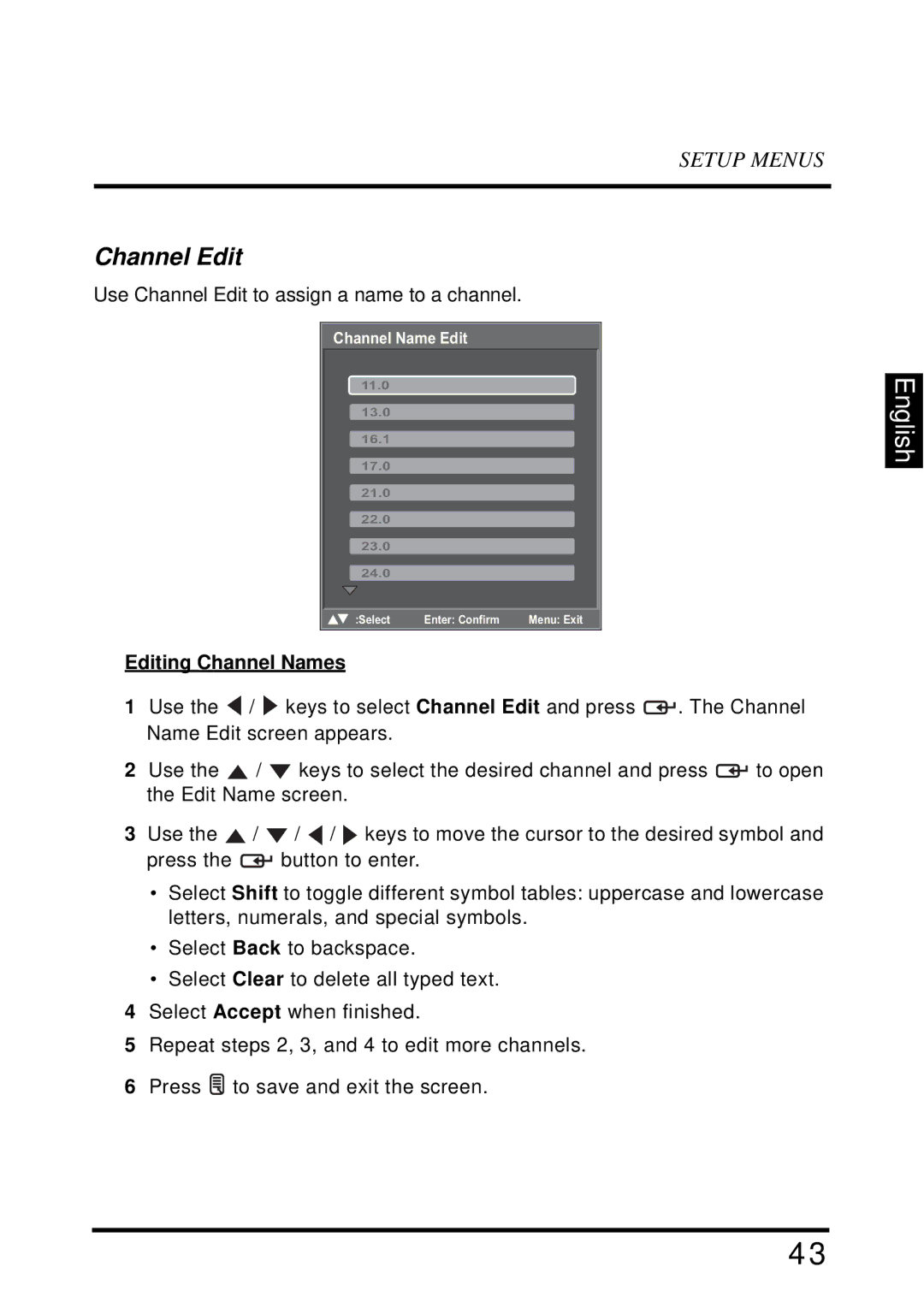 Westinghouse UW40T user manual Channel Edit, Editing Channel Names 