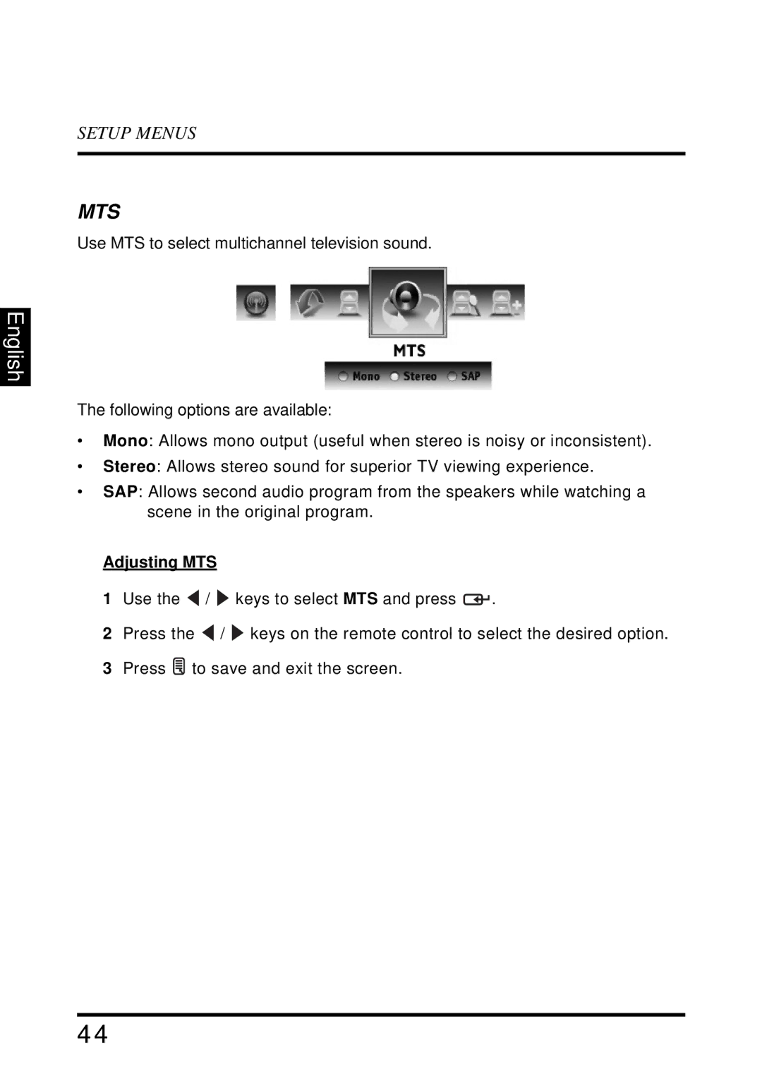 Westinghouse UW40T user manual Adjusting MTS 