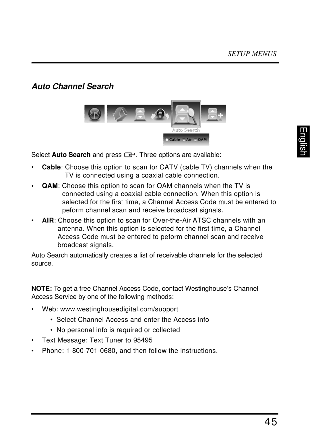 Westinghouse UW40T user manual Auto Channel Search 