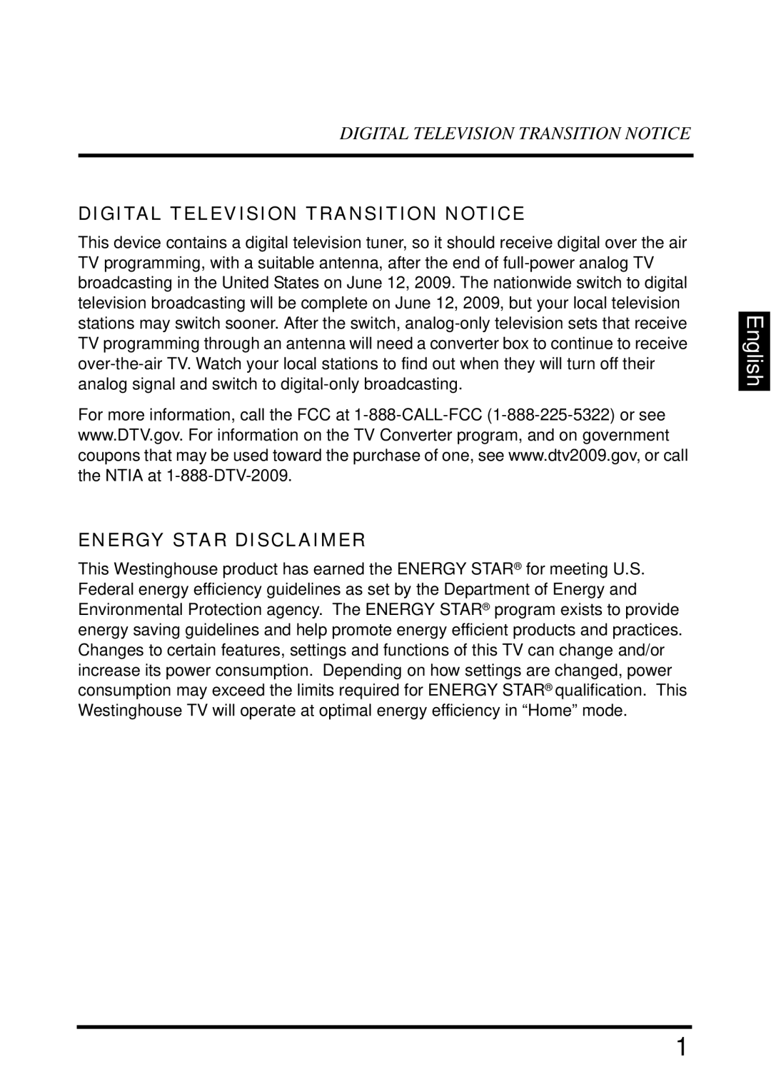 Westinghouse UW40T user manual Digital Television Transition Notice, Energy Star Disclaimer 