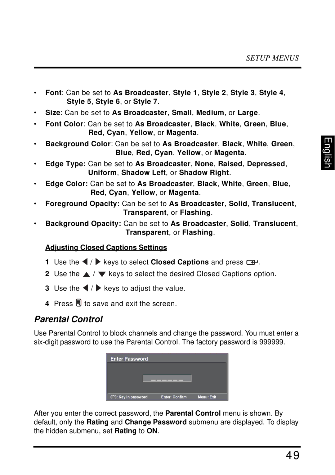 Westinghouse UW40T user manual Parental Control 