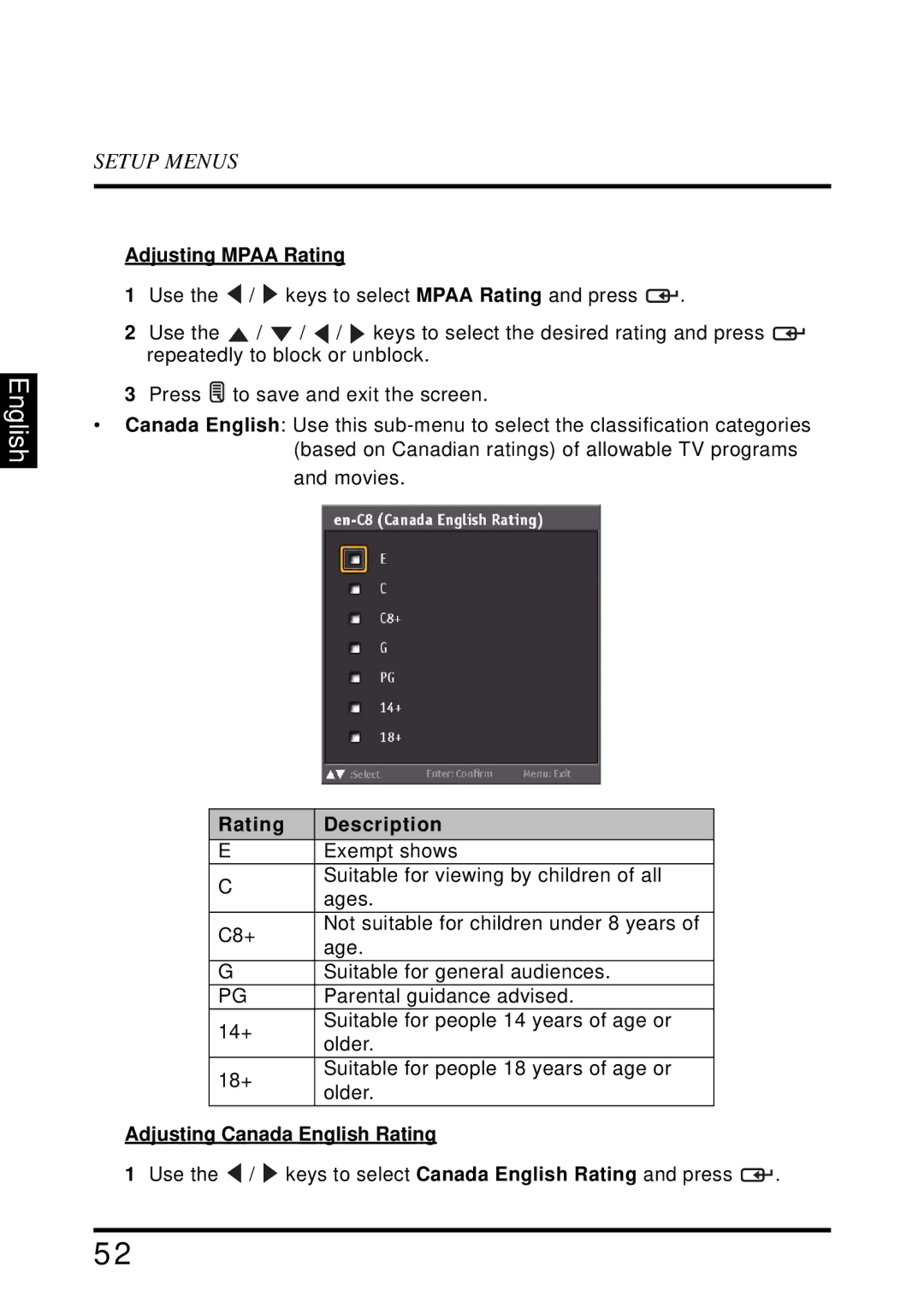 Westinghouse UW40T user manual Adjusting Mpaa Rating, Adjusting Canada English Rating 