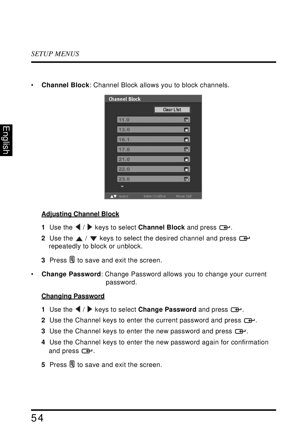 Westinghouse UW40T user manual Adjusting Channel Block, Changing Password 