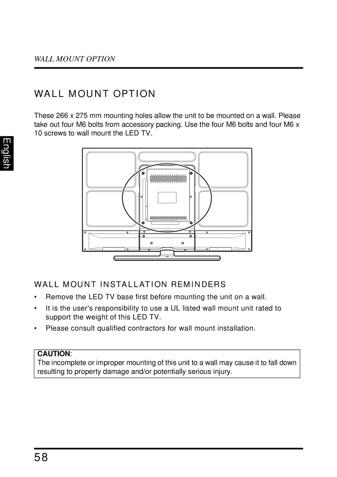 Westinghouse UW40T user manual Wall Mount Option, Wall Mount Installation Reminders 