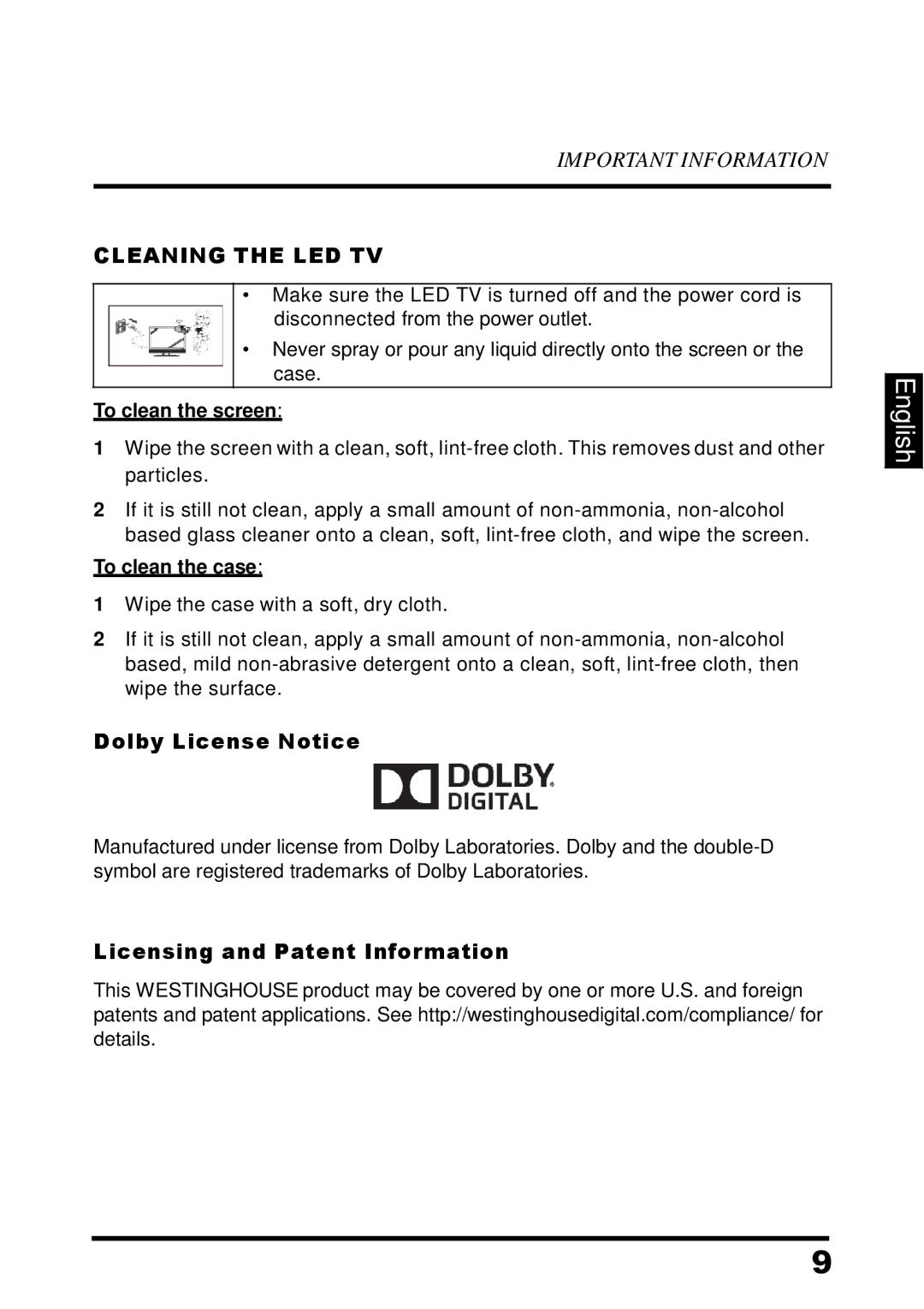 Westinghouse UW48T7HW manual Cleaning the LED TV, To clean the screen, To clean the case 