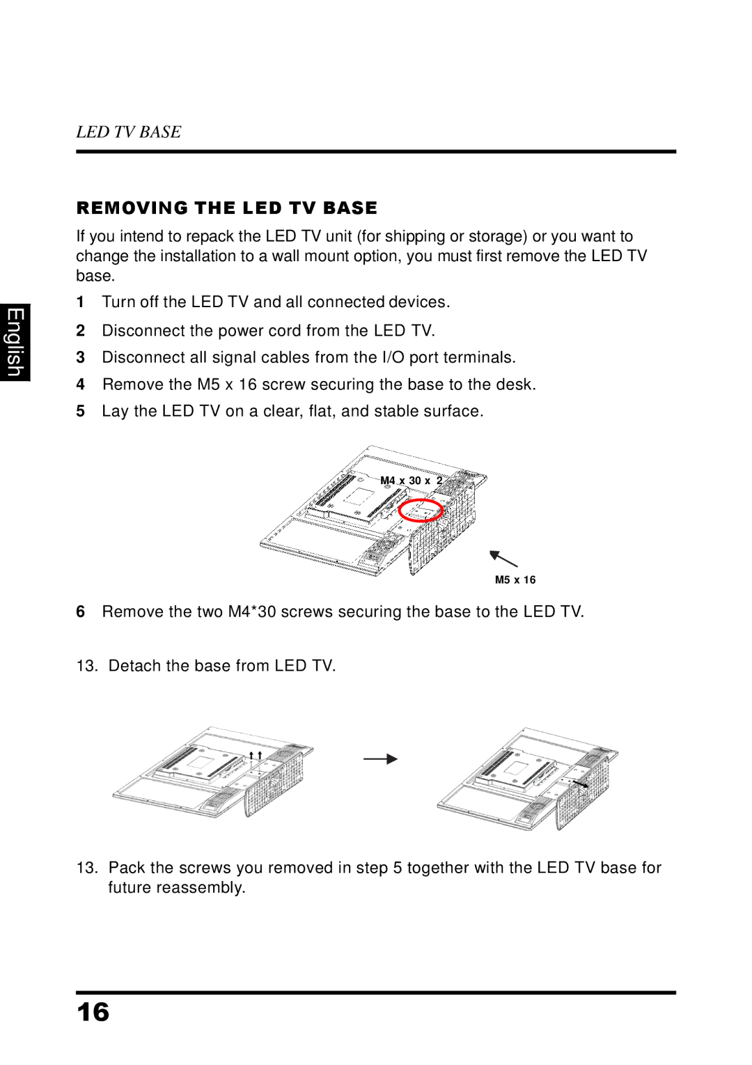 Westinghouse UW48T7HW manual Removing the LED TV Base 