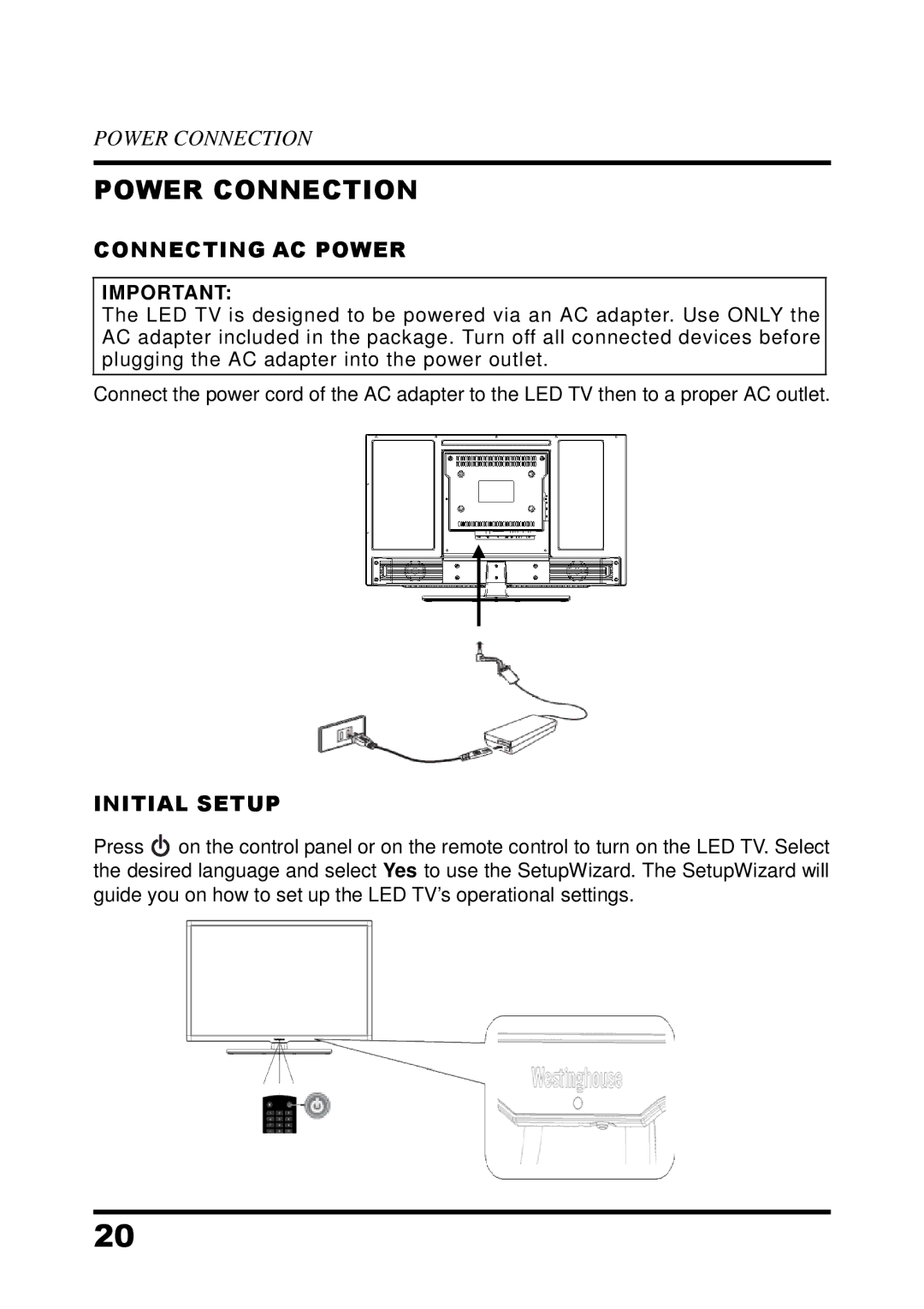 Westinghouse UW48T7HW manual Power Connection, Connecting AC Power, Initial Setup 