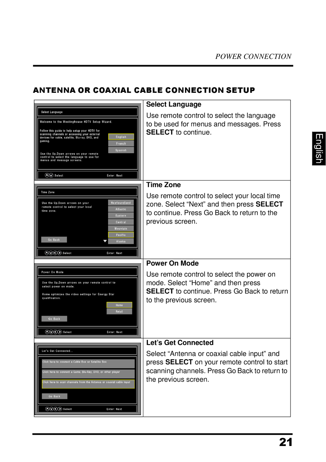 Westinghouse UW48T7HW manual Antenna or Coaxial Cable Connection Setup, Select Language, Time Zone, Power On Mode 