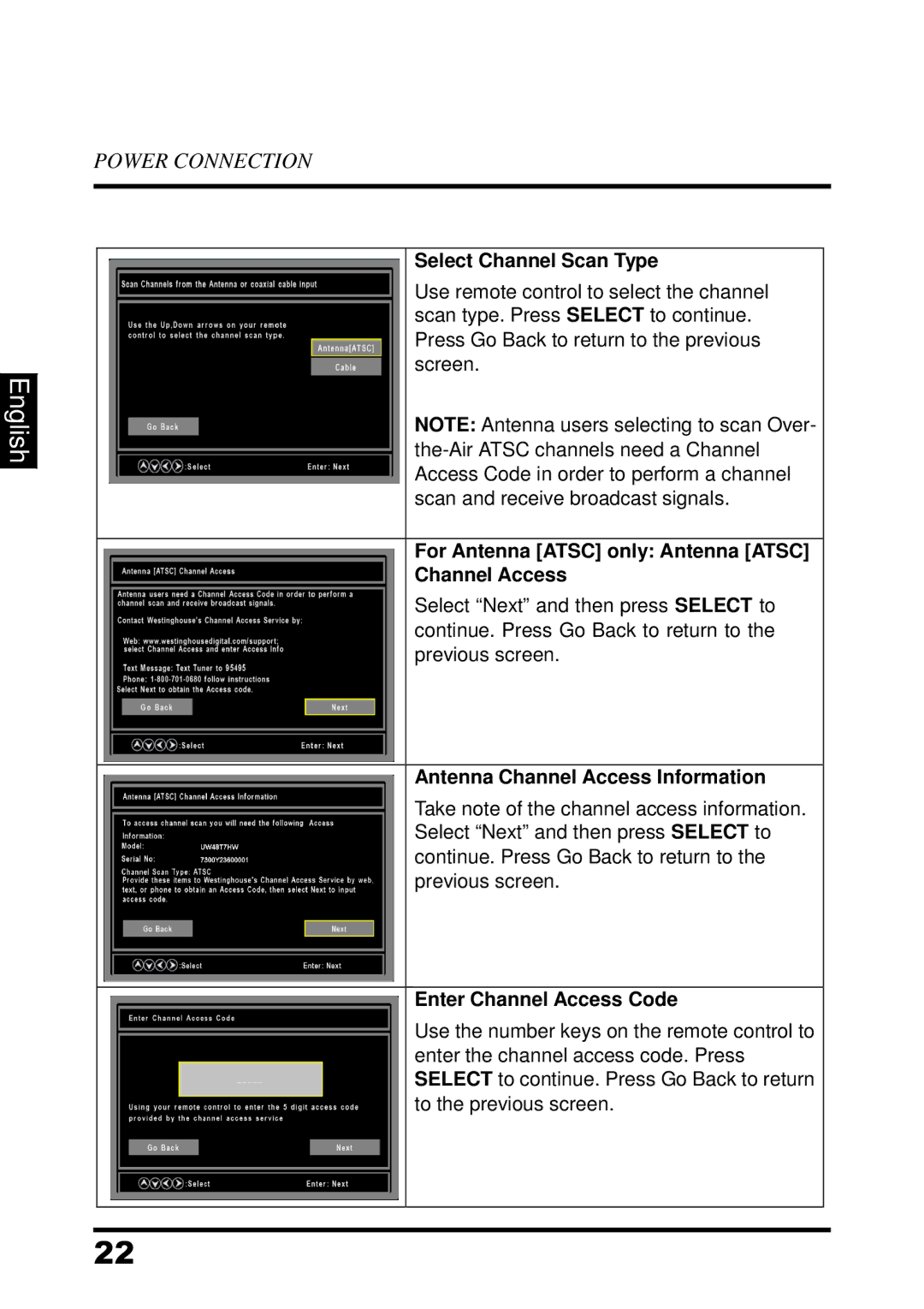 Westinghouse UW48T7HW manual Select Channel Scan Type, For Antenna Atsc only Antenna Atsc Channel Access 