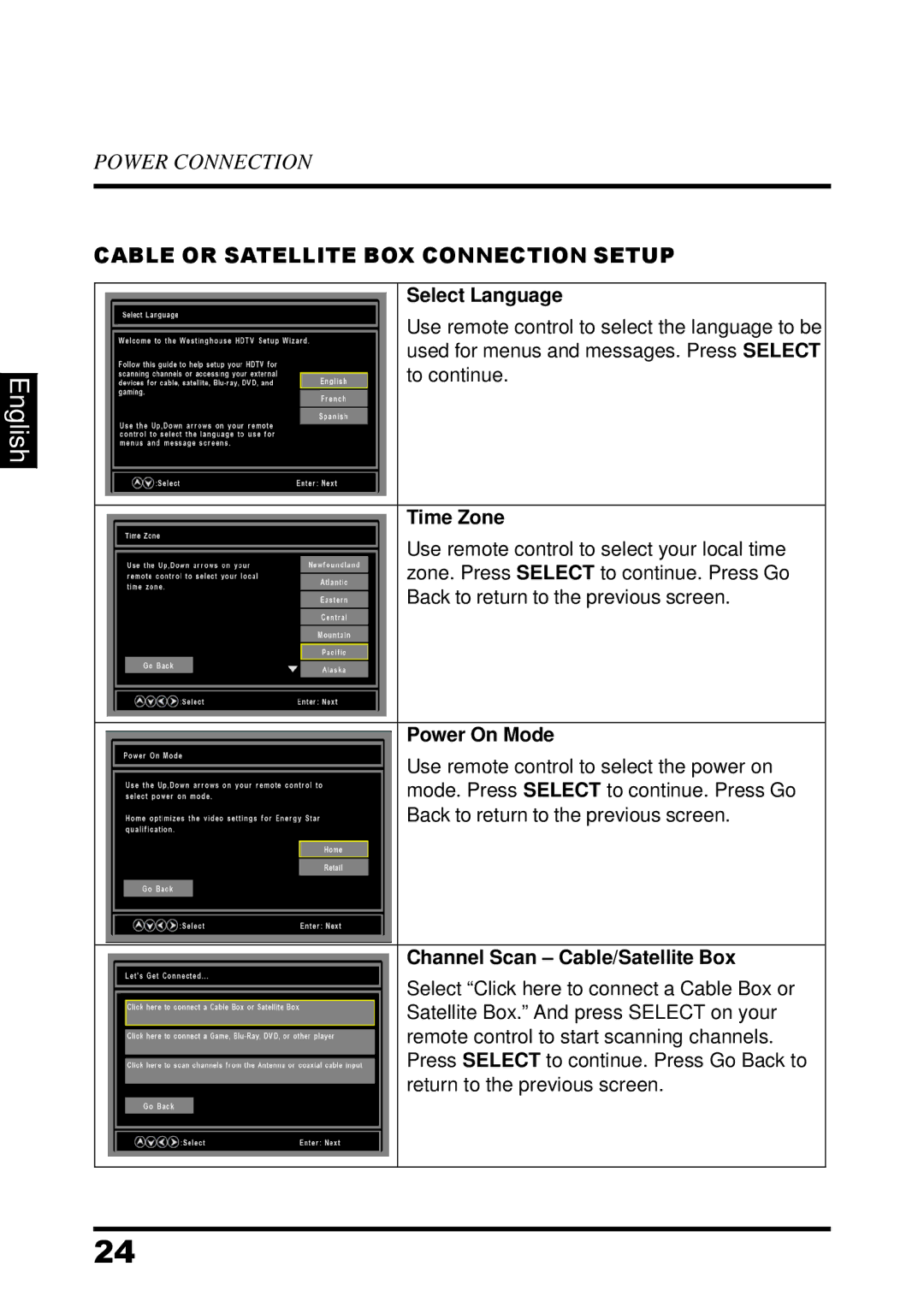 Westinghouse UW48T7HW manual Cable or Satellite BOX Connection Setup, Channel Scan Cable/Satellite Box 