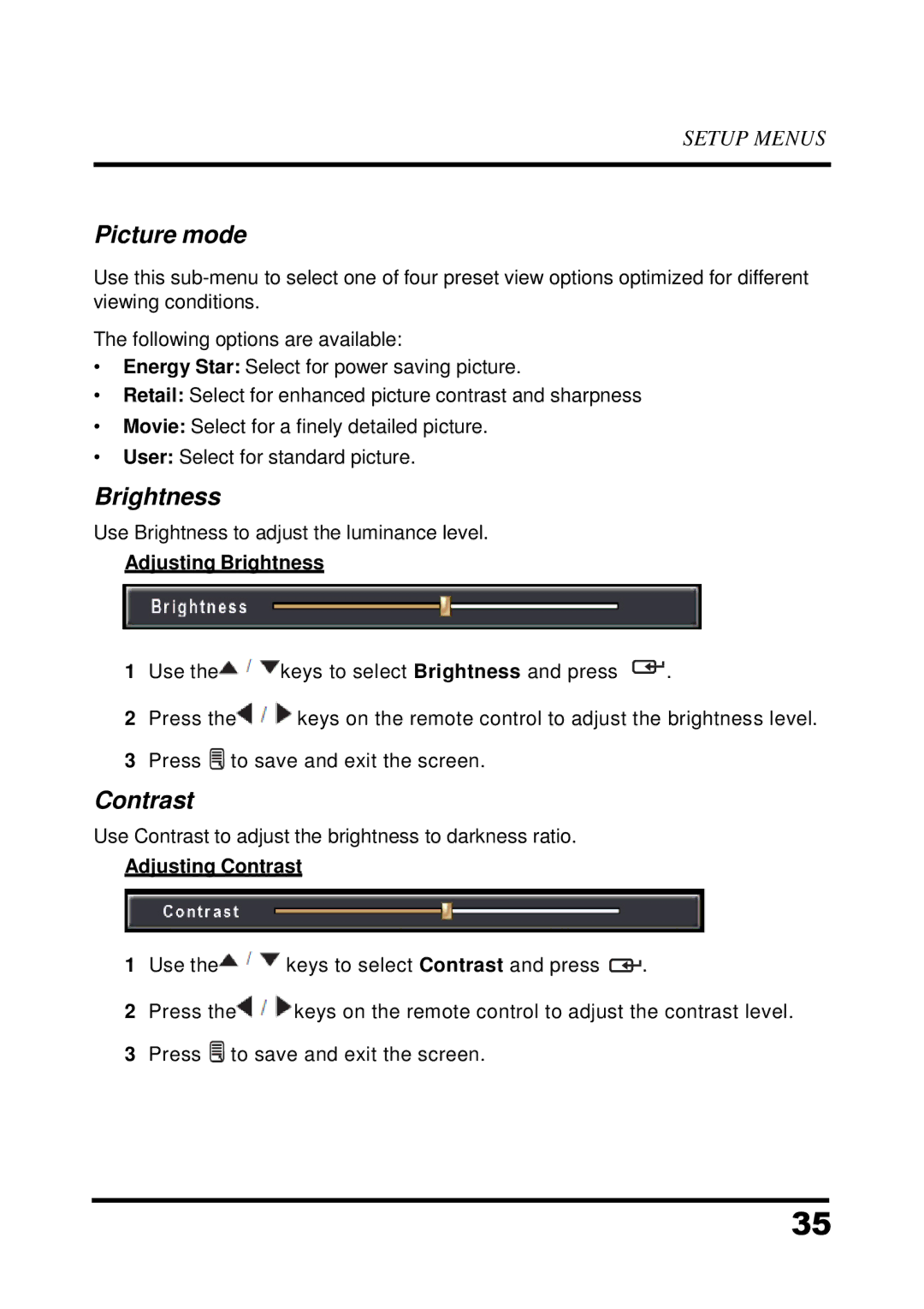 Westinghouse UW48T7HW manual Picture mode, Adjusting Brightness, Adjusting Contrast 