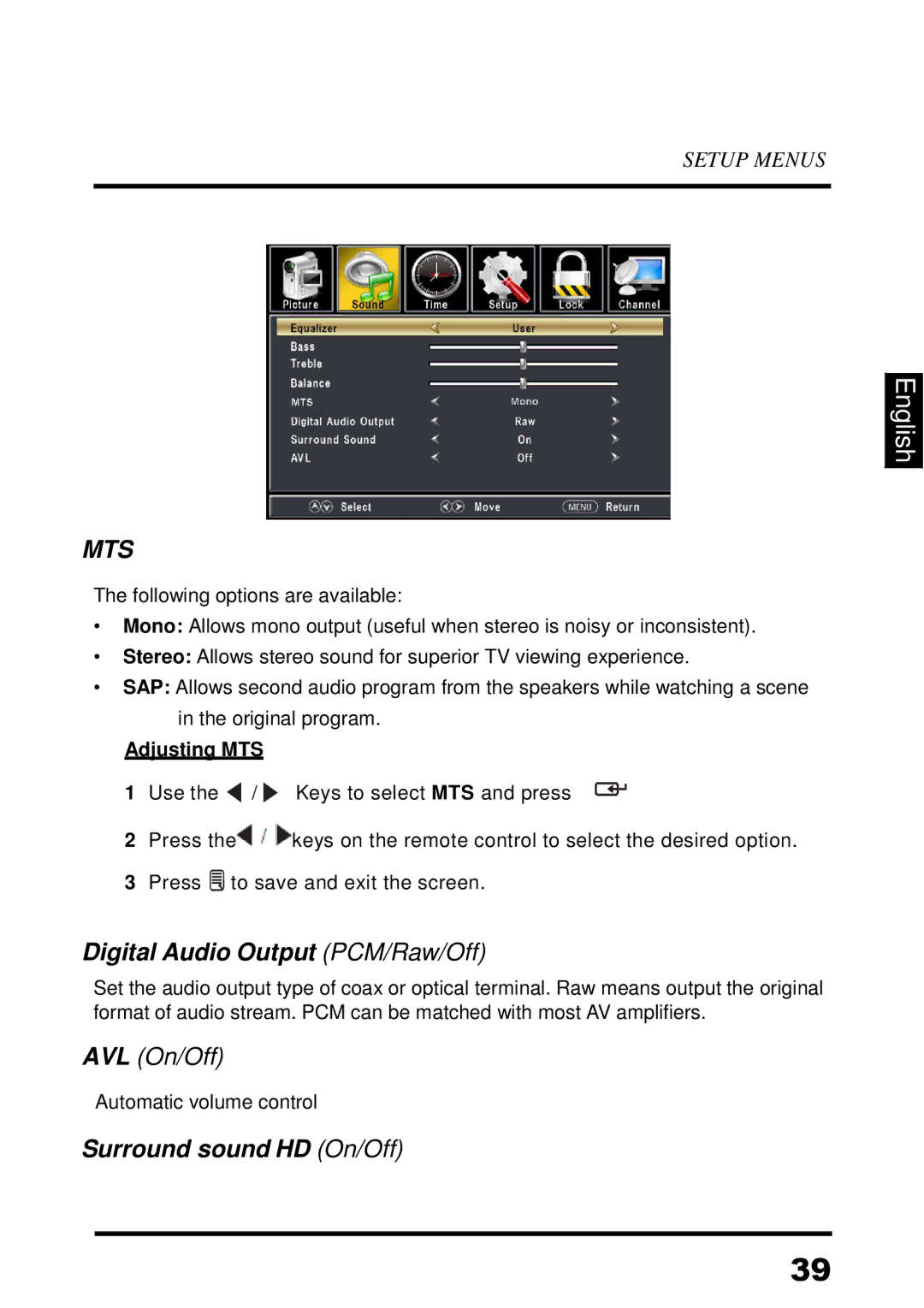 Westinghouse UW48T7HW manual Digital Audio Output PCM/Raw/Off, Surround sound HD On/Off, Adjusting MTS 