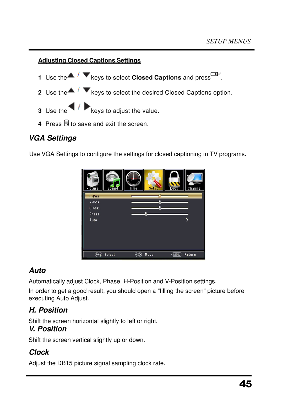 Westinghouse UW48T7HW manual VGA Settings, Auto, Position, Clock, Adjusting Closed Captions Settings 