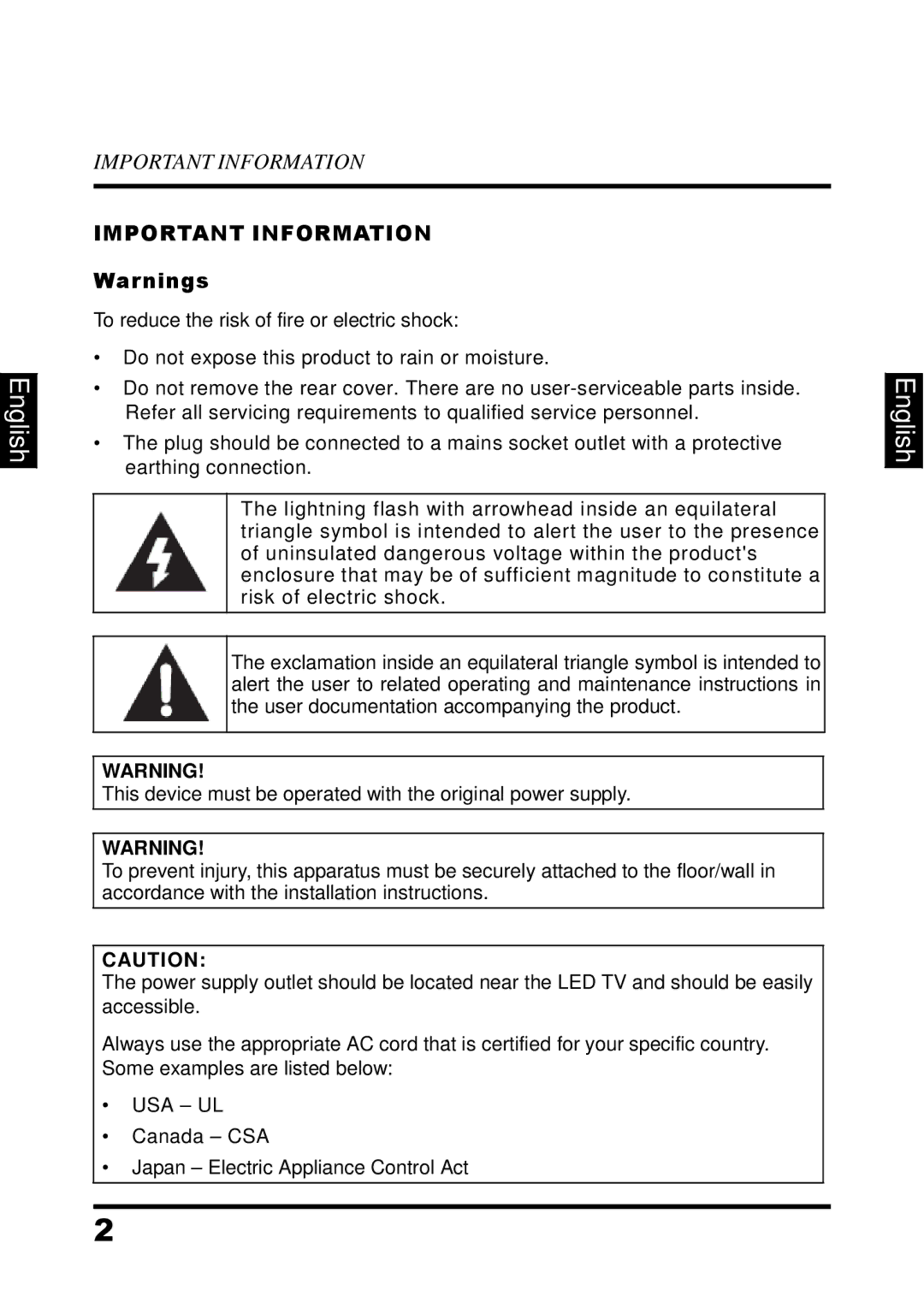 Westinghouse UW48T7HW manual Important Information 