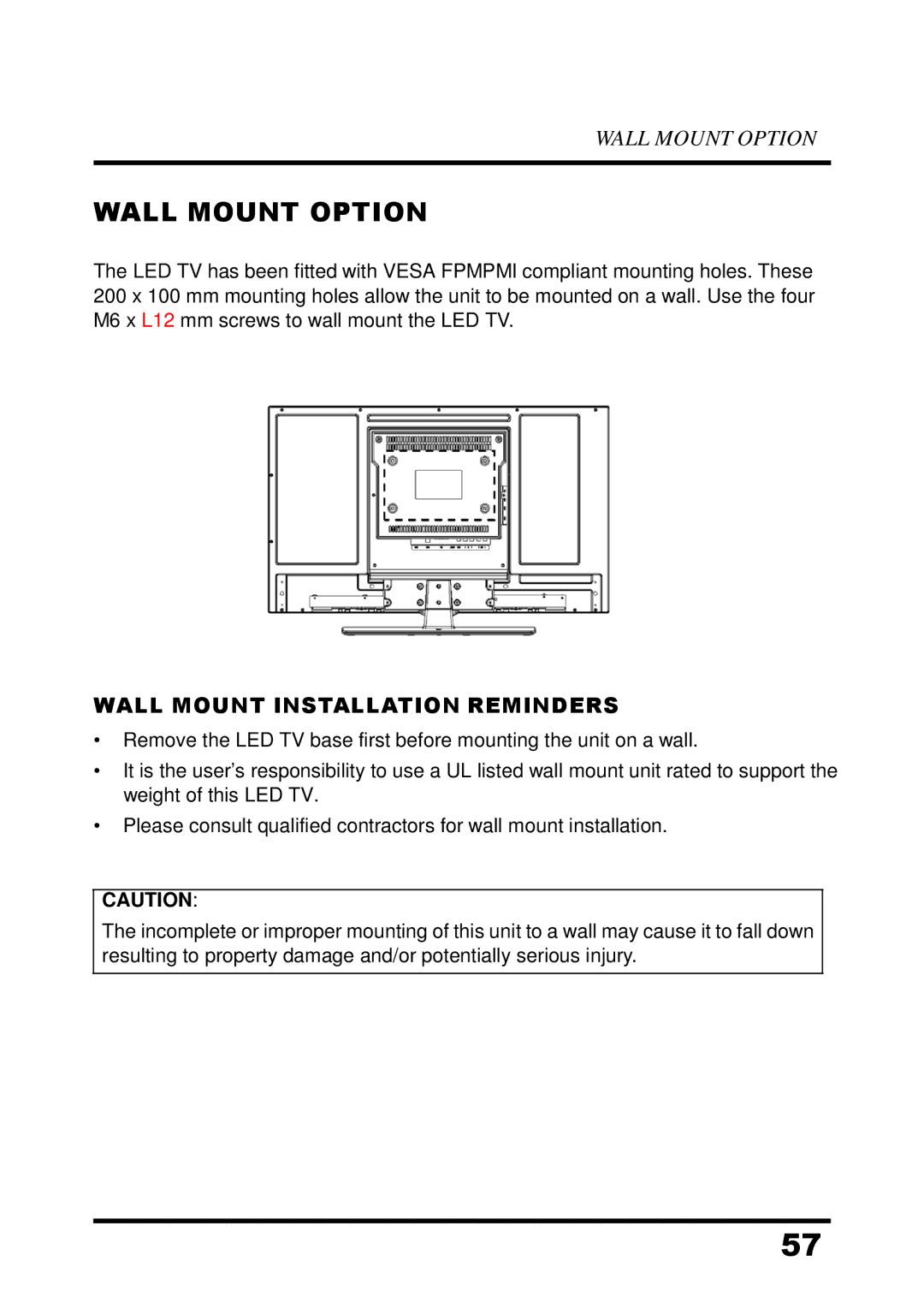 Westinghouse UW48T7HW manual Wall Mount Option, Wall Mount Installation Reminders 