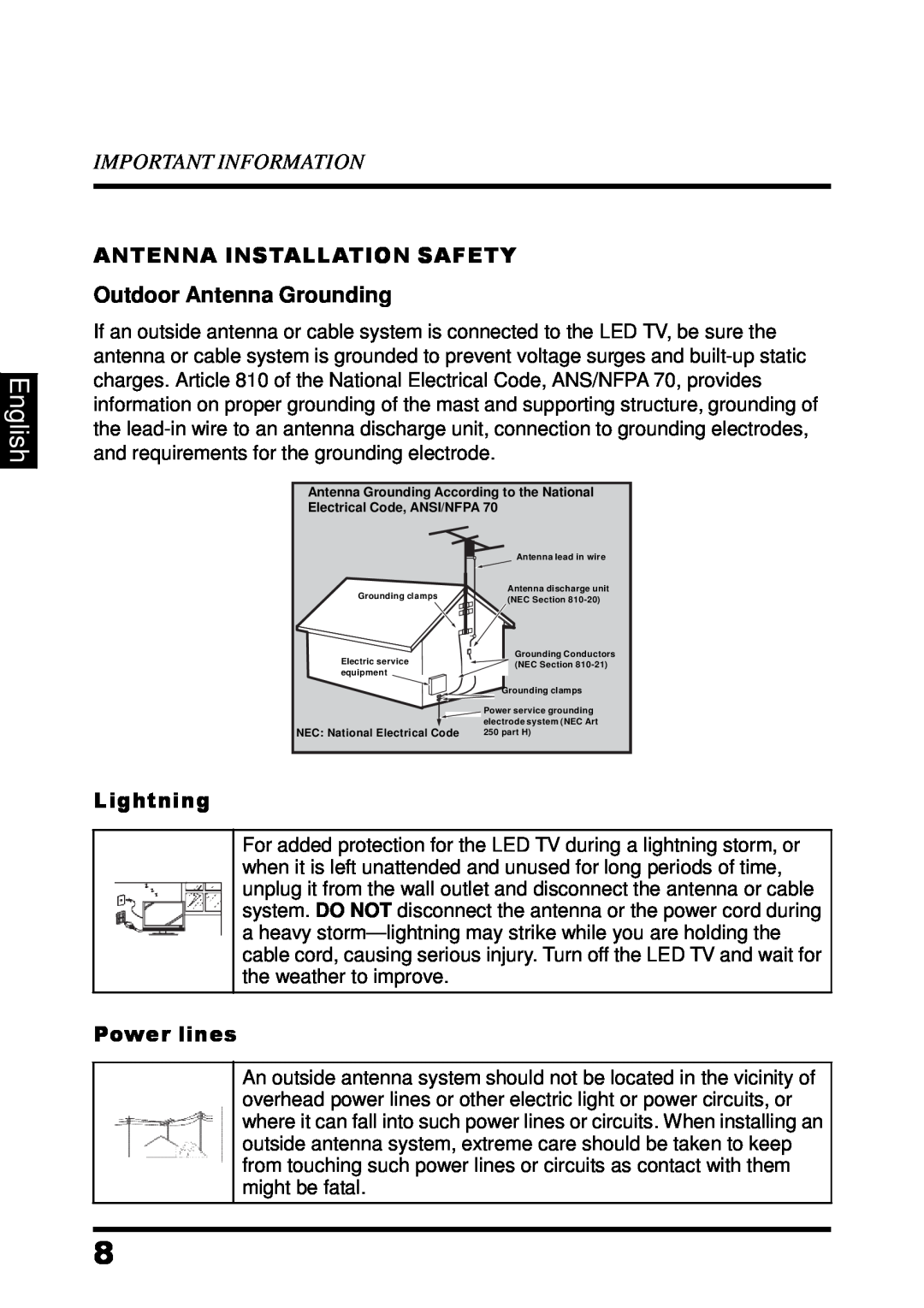 Westinghouse UW48T7HW English, Important Information, Antenna Installation Safety, Outdoor Antenna Grounding, Lightning 