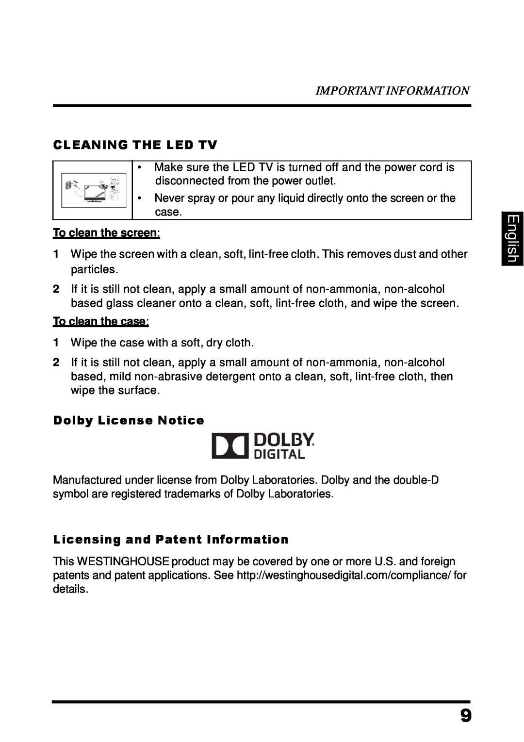 Westinghouse UW48T7HW manual English, Important Information, Cleaning The Led Tv, Dolby License Notice, To clean the screen 
