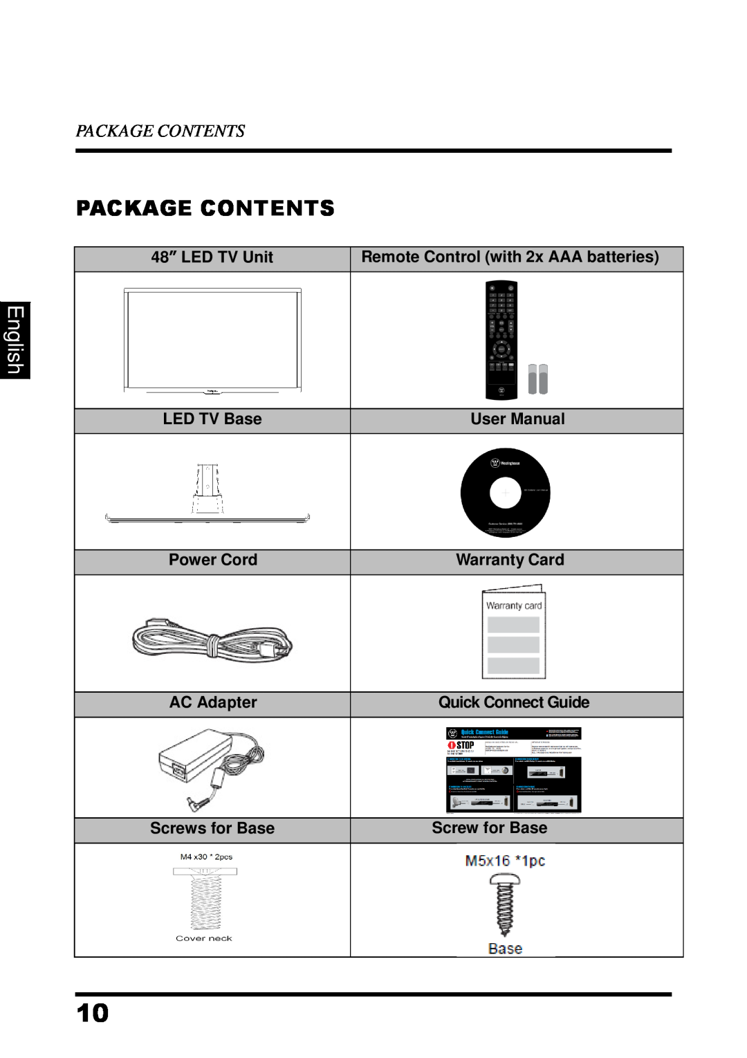 Westinghouse UW48T7HW manual Package Contents, English, 48” LED TV Unit, Remote Control with 2x AAA batteries, LED TV Base 