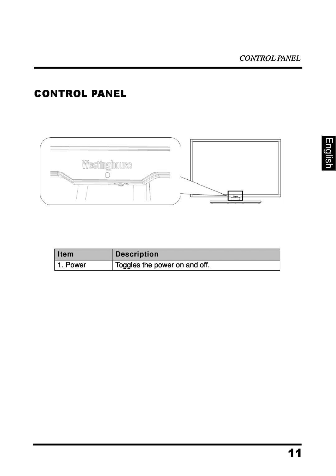 Westinghouse UW48T7HW manual Control Panel, English, Description 