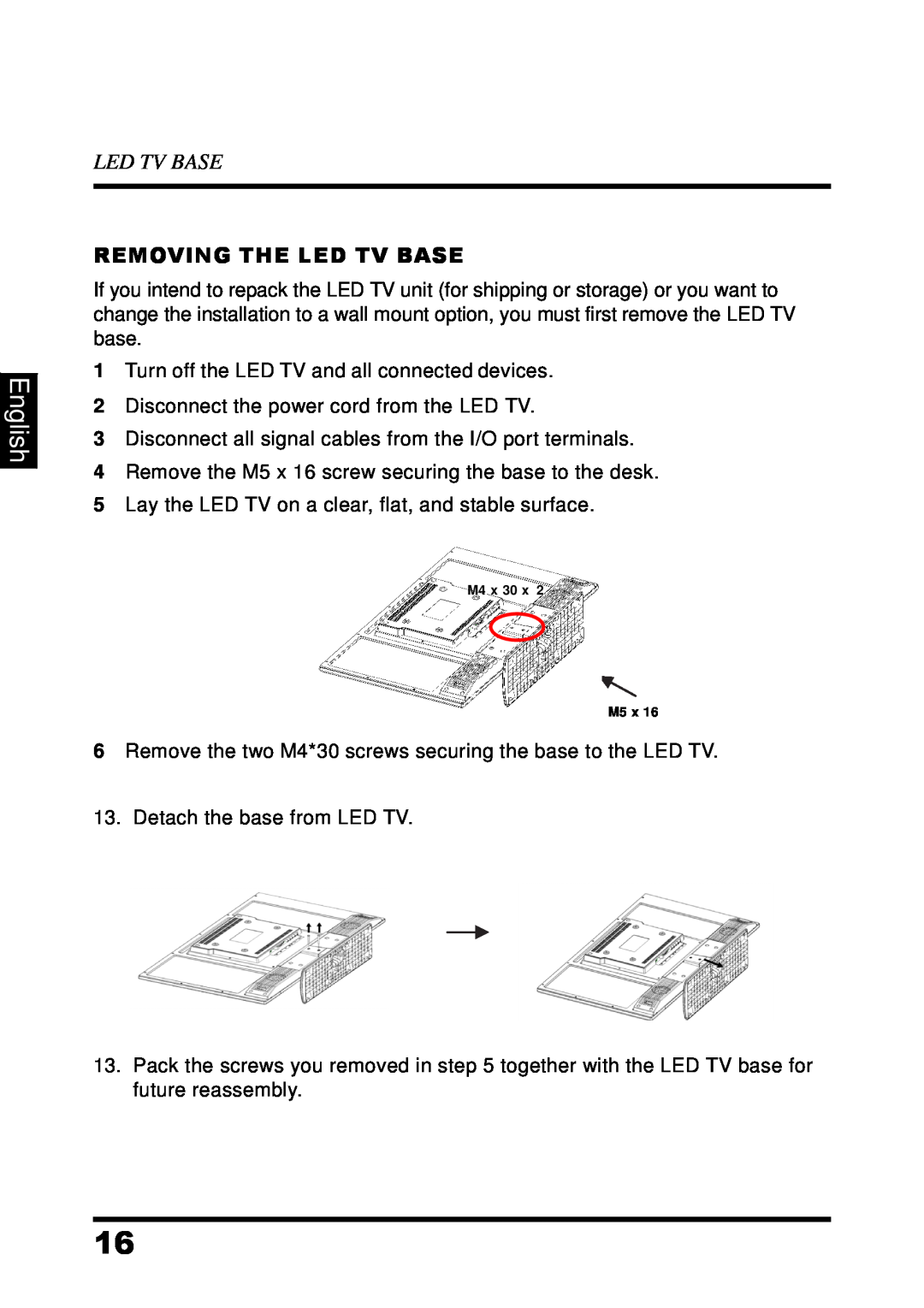 Westinghouse UW48T7HW manual English, Removing The Led Tv Base 