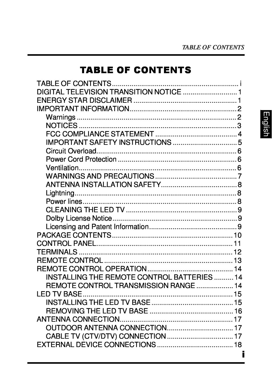 Westinghouse UW48T7HW manual Table Of Contents, English 