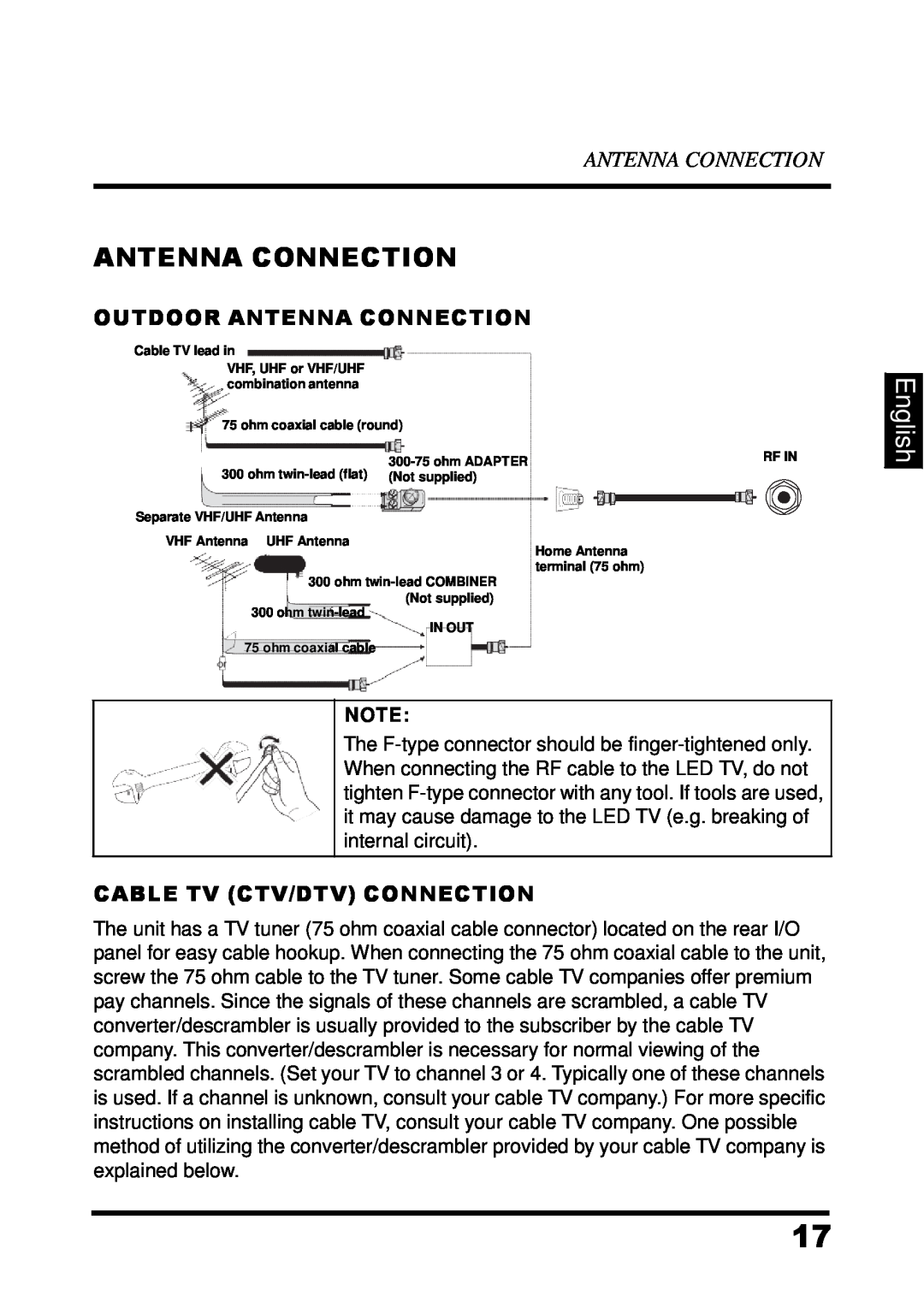 Westinghouse UW48T7HW manual English, Outdoor Antenna Connection, Cable Tv Ctv/Dtv Connection 