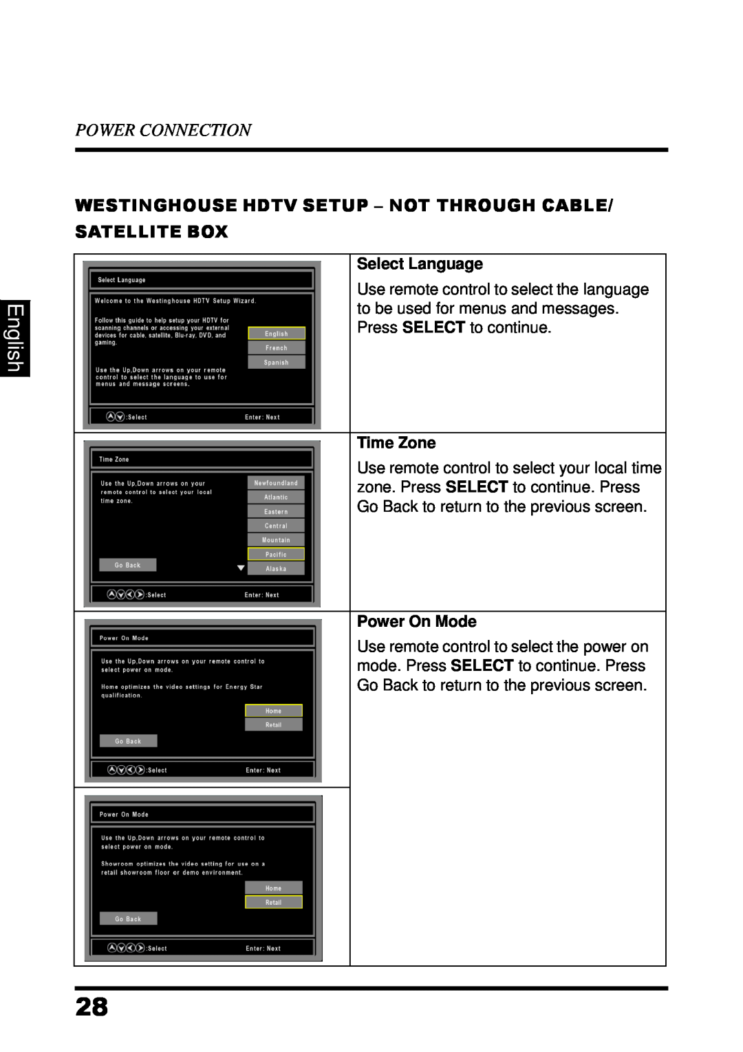 Westinghouse UW48T7HW English, Power Connection, Westinghouse Hdtv Setup - Not Through Cable Satellite Box, Time Zone 