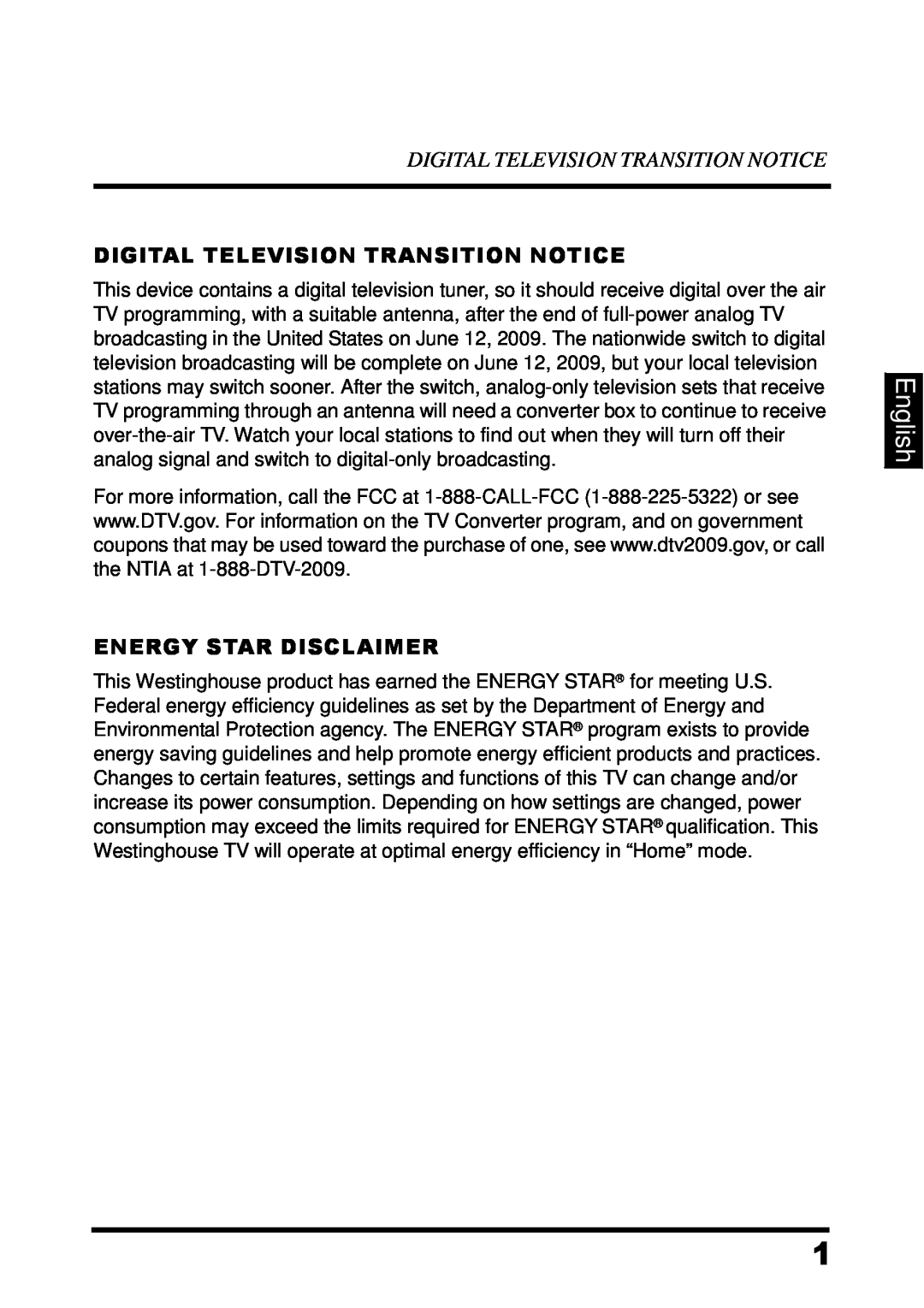 Westinghouse UW48T7HW manual English, Digital Television Transition Notice, Energy Star Disclaimer 