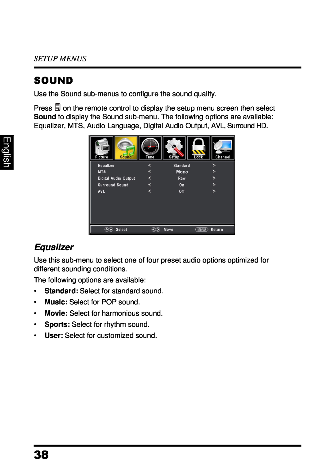 Westinghouse UW48T7HW manual Sound, Equalizer, English, Setup Menus 