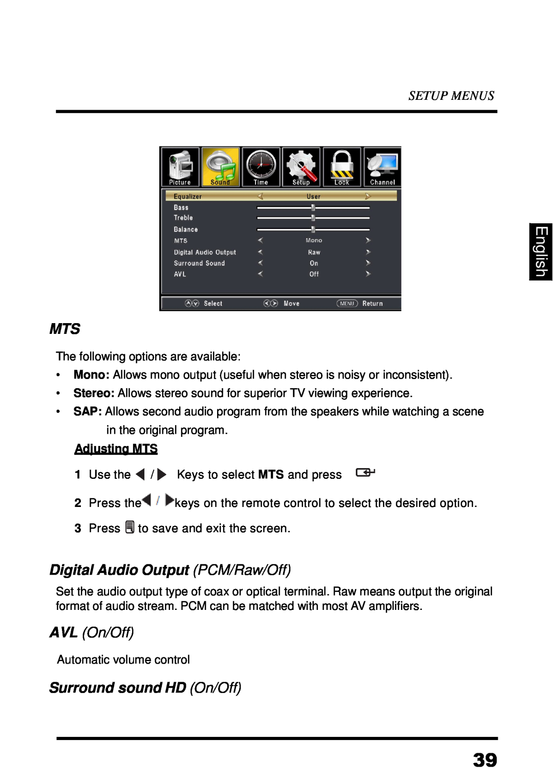 Westinghouse UW48T7HW manual Digital Audio Output PCM/Raw/Off, AVL On/Off, Surround sound HD On/Off, English, Setup Menus 