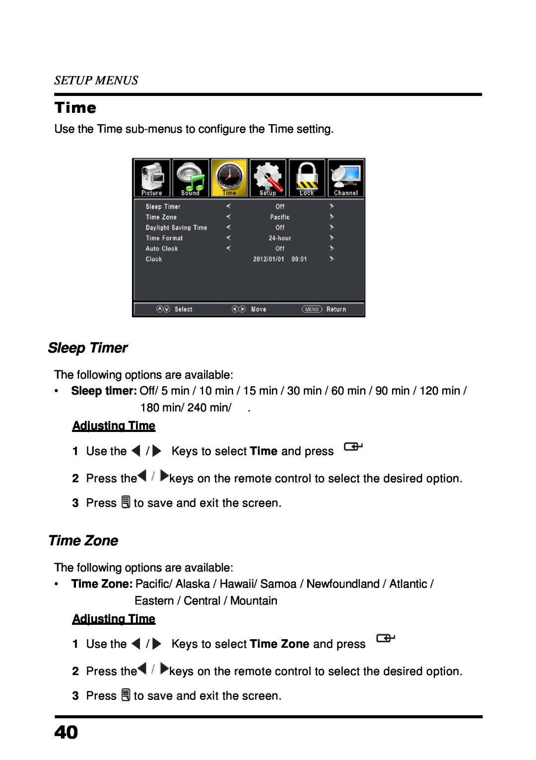 Westinghouse UW48T7HW manual Sleep Timer, Time Zone, Setup Menus, Adjusting Time 