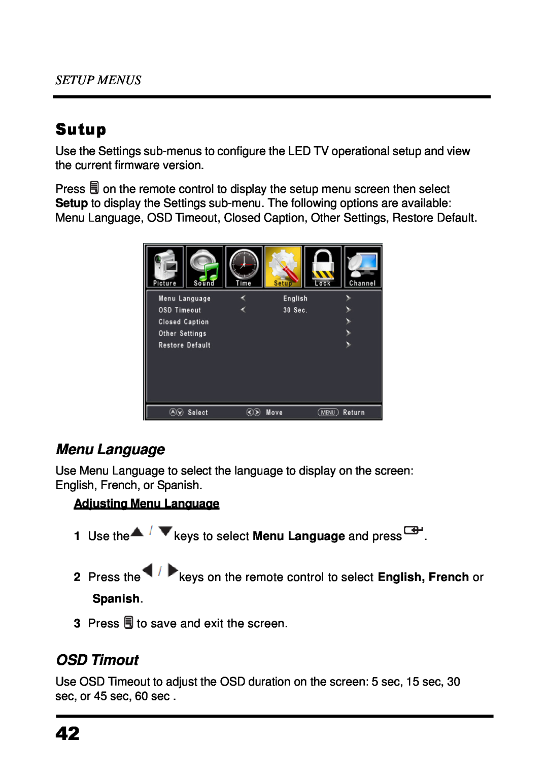 Westinghouse UW48T7HW manual Sutup, OSD Timout, Setup Menus, Adjusting Menu Language 