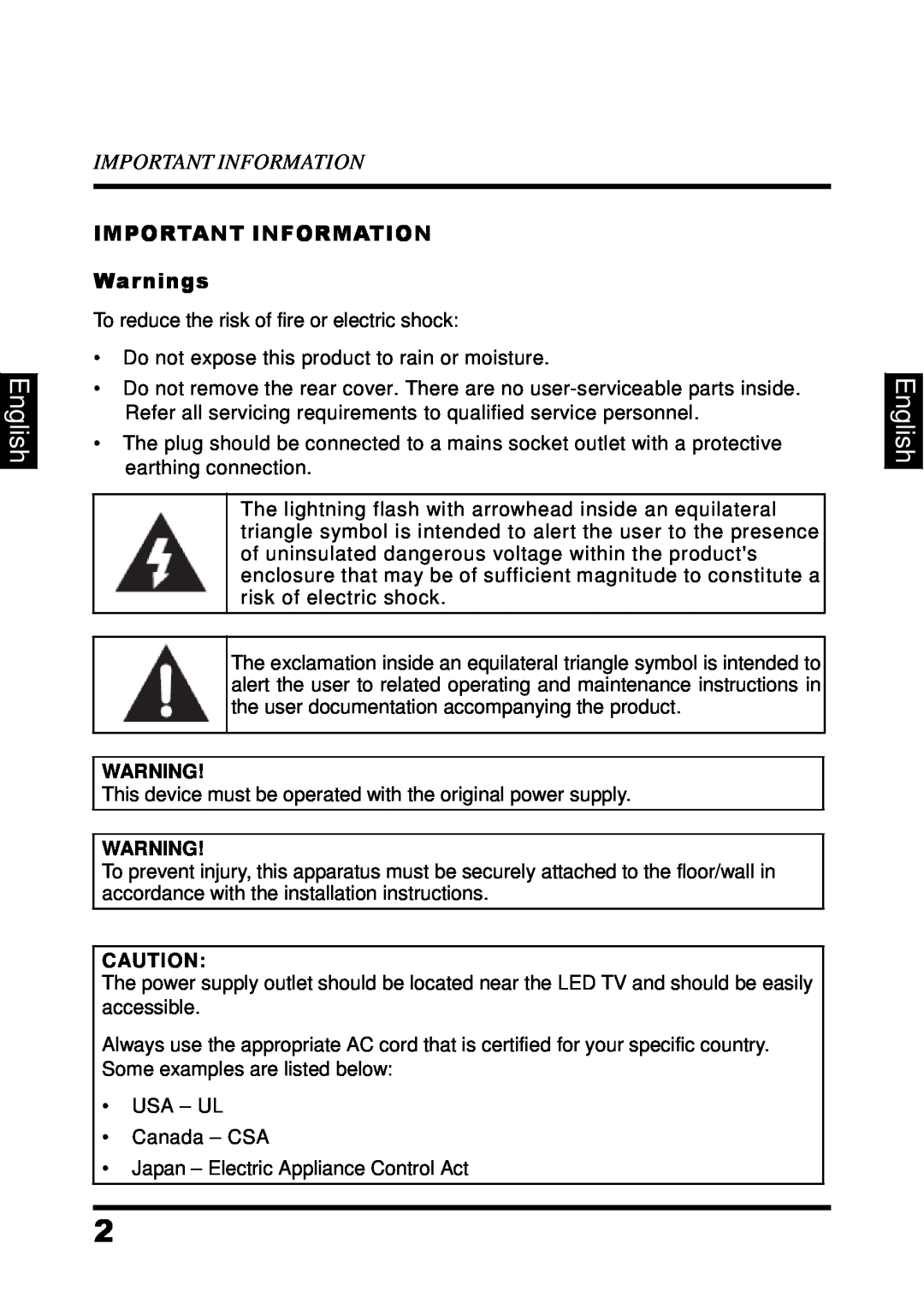 Westinghouse UW48T7HW manual English, Important Information, IMPORTANT INFORMATION Warnings 