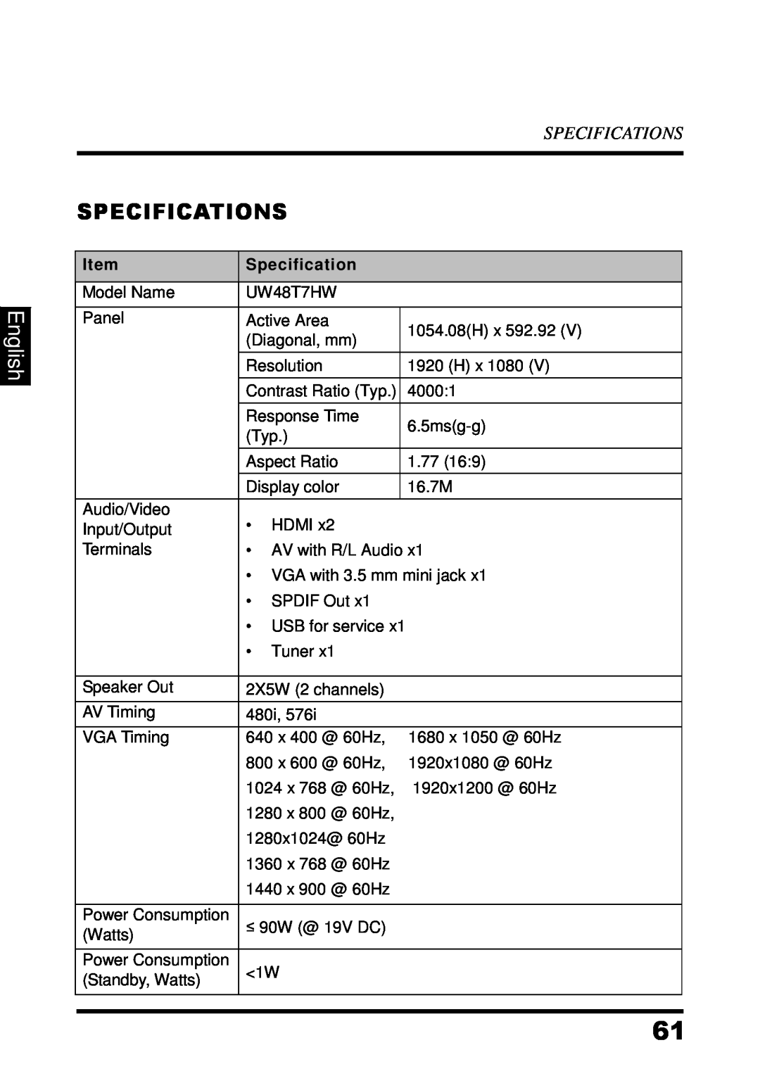 Westinghouse UW48T7HW manual Specifications, English 