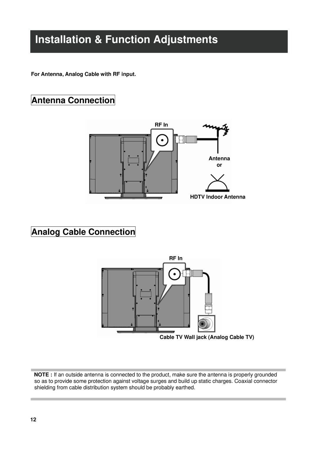 Westinghouse VK-40F580D user manual Installation & Function Adjustments, Antenna Connection, Analog Cable Connection 