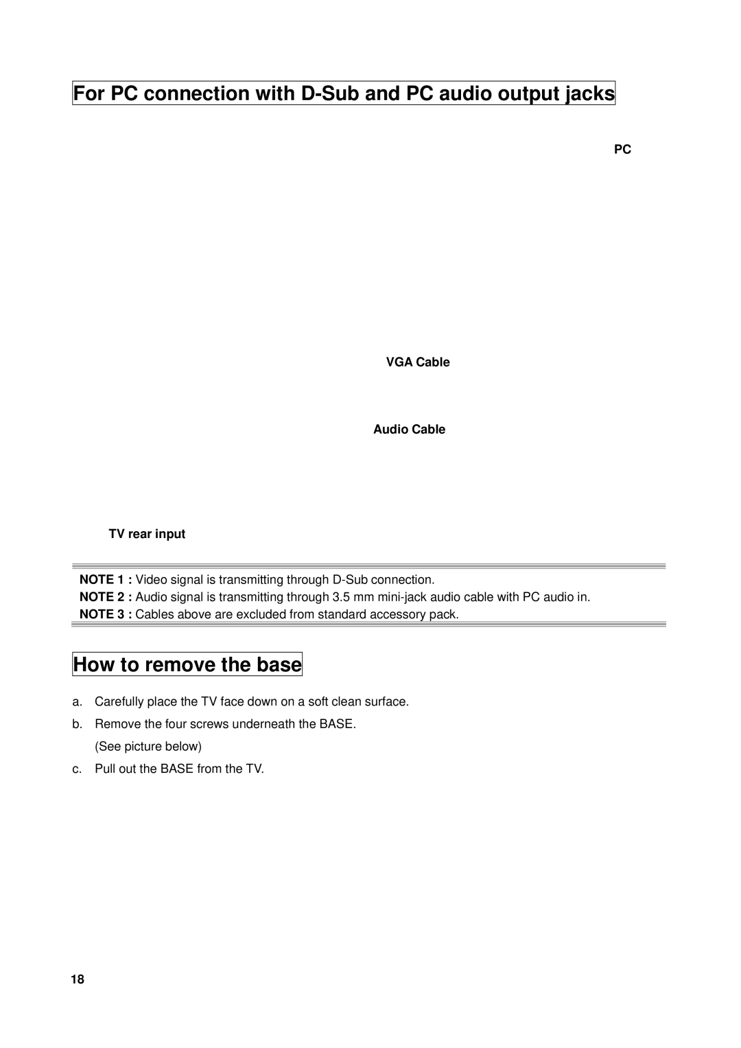 Westinghouse VK-40F580D user manual For PC connection with D-Sub and PC audio output jacks, How to remove the base 