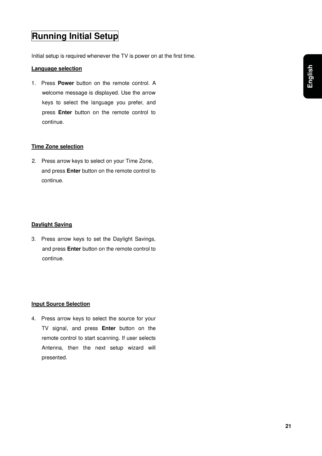 Westinghouse VK-40F580D user manual Running Initial Setup, Language selection, Time Zone selection, Daylight Saving 