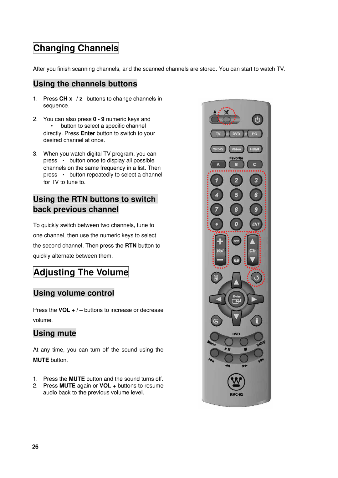 Westinghouse VK-40F580D user manual Changing Channels, Adjusting The Volume 