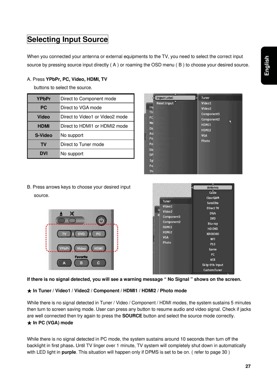 Westinghouse VK-40F580D user manual Selecting Input Source, PC VGA mode 