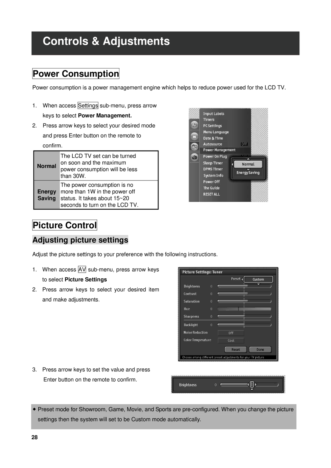 Westinghouse VK-40F580D user manual Controls & Adjustments, Power Consumption, Picture Control, Adjusting picture settings 