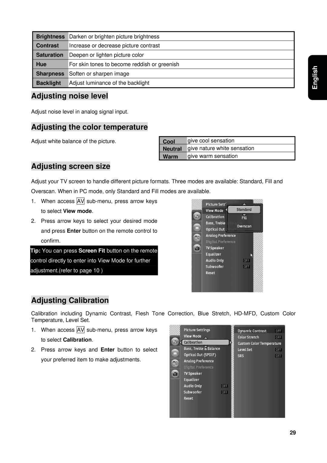 Westinghouse VK-40F580D user manual Adjusting noise level, Adjusting the color temperature, Adjusting screen size 