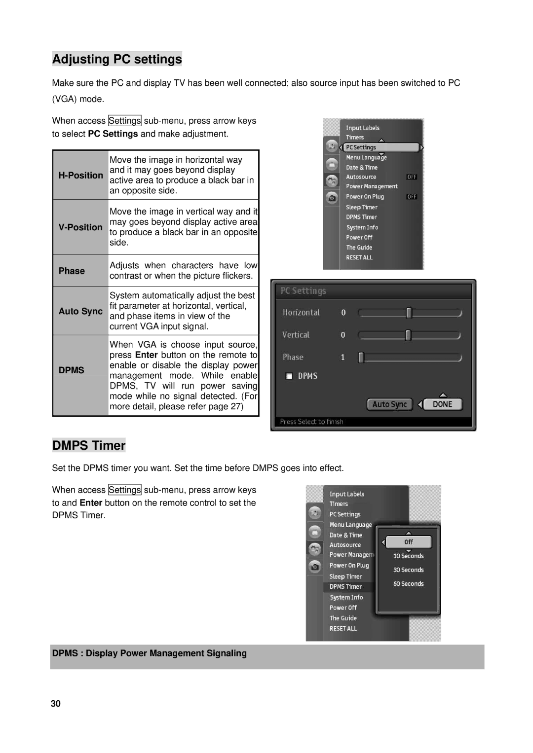 Westinghouse VK-40F580D user manual Adjusting PC settings, Dmps Timer, Phase, Dpms Display Power Management Signaling 