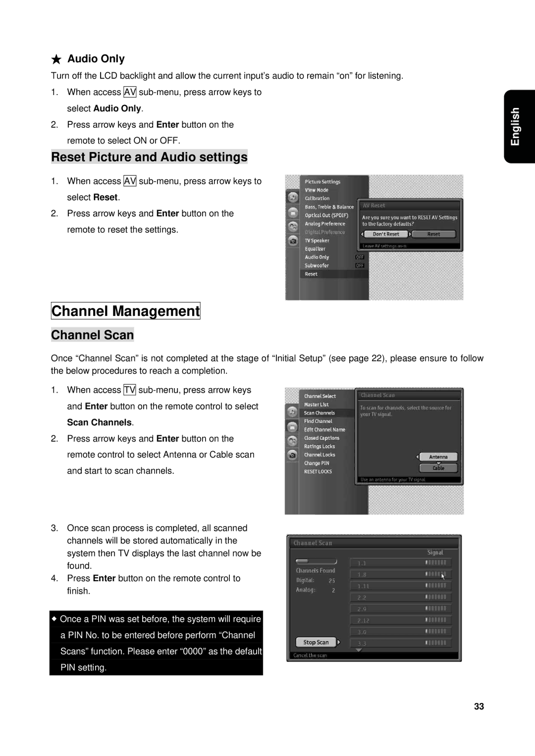 Westinghouse VK-40F580D user manual Channel Management, Reset Picture and Audio settings, Channel Scan, Audio Only 